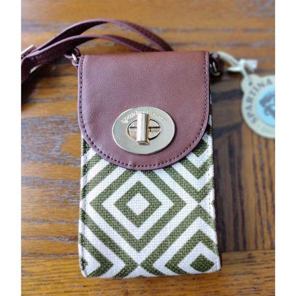 SPARTINA 449 Daufuskie Island Crossbody Phone Credit Cards Linen Cognac Leather - Picture 2 of 7